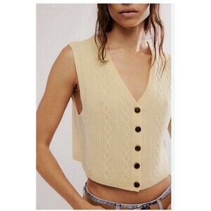Free People Cream Cable Knit Button Front Crop Top
